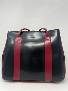 FOCUS Paris Black Leather Tote Bag with Burgundy Trim – Classic Everyday Handbag